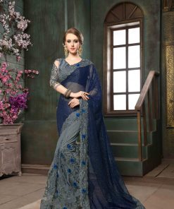 Grey and Blue Embroidery Saree