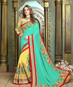 Yellow And Green Georgette Saree with multi color work