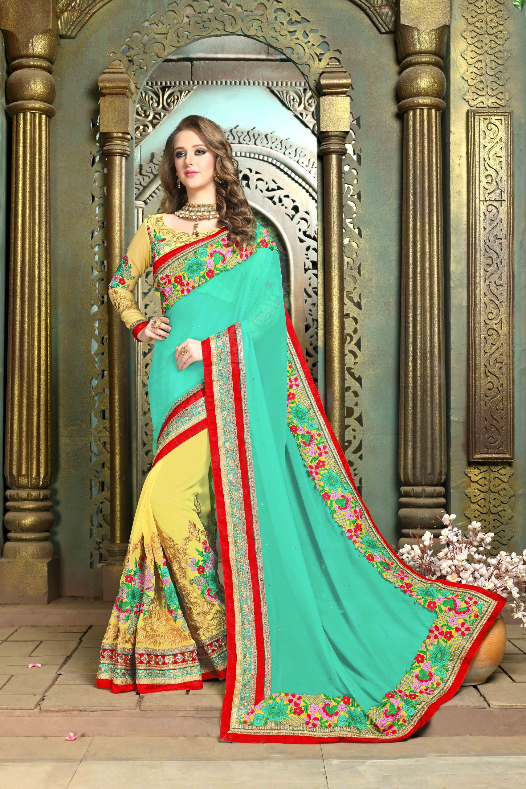 Yellow And Green Georgette Saree with multi color work