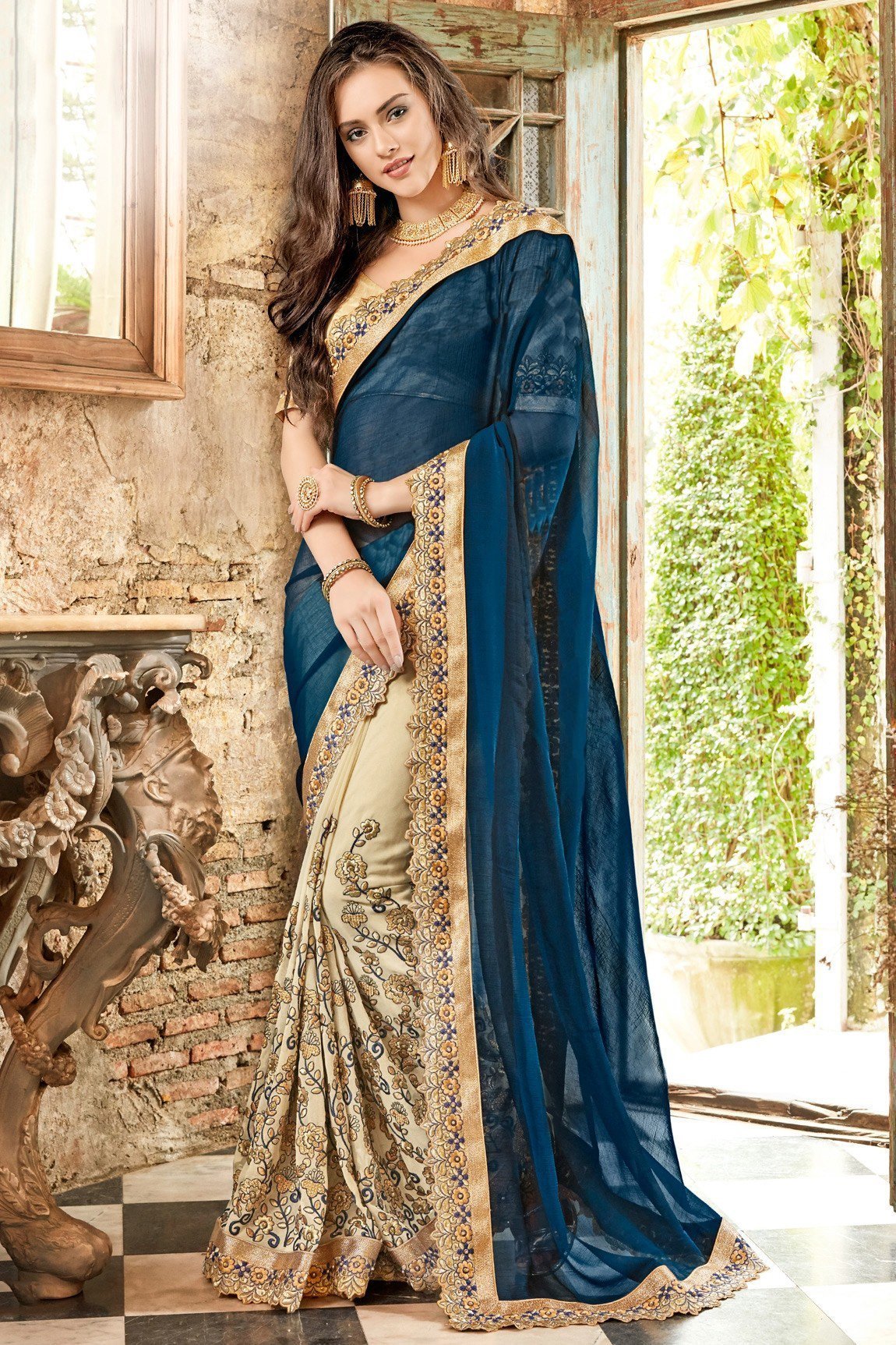 Blue And Golden Color Embroidery Saree