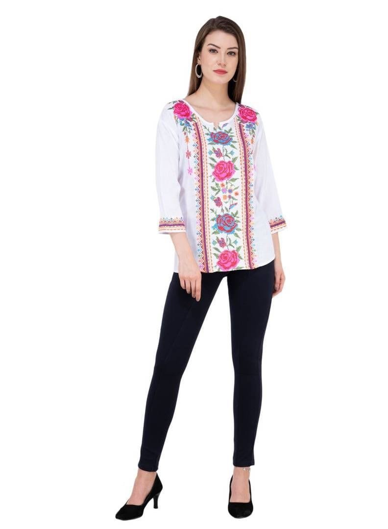 White Color Flower Embroidered Cotton Western Top