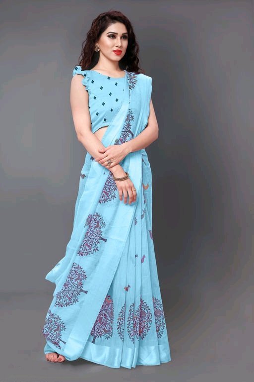 Aqua blue print cotton saree