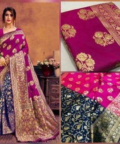 New Stylish Jacquard Silk Pink & Navy Blue Saree