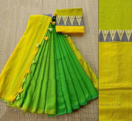 Handloom Yellow & Green Color Cotton Khadi Sarees