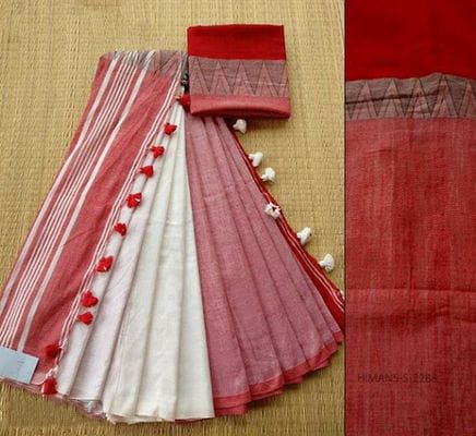 Handloom White & Pink Color Pallu Cotton Khadi Sarees