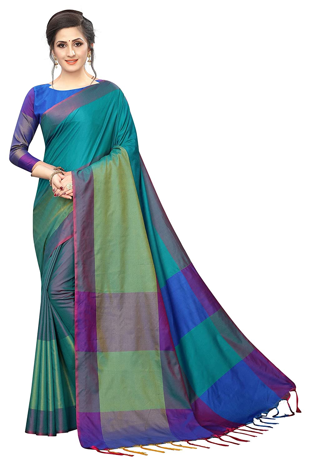 Bottal green art silk saree with multi color pallu