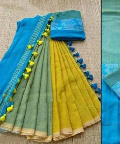 Handloom Yellow & Blue Color Cotton Khadi Sarees