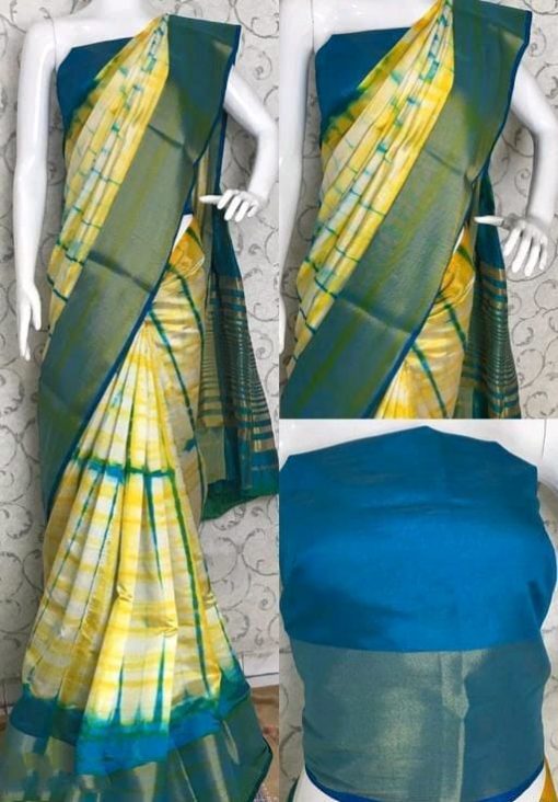 Shibori Printed Yellow Tussar Silk Saree