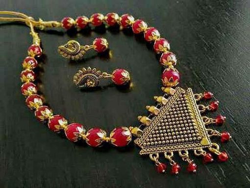 Oxidized Gold Beads Necklace Set With Earring