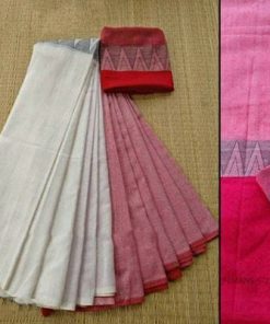 Handloom White & Pink Color Cotton Khadi Sarees
