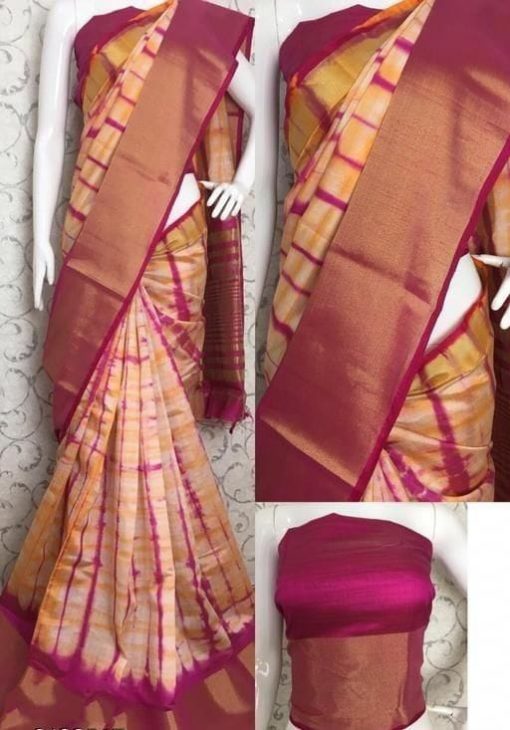 Shibori Printed Peach Color Tussar Silk Saree