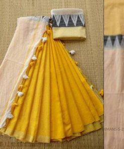 Handloom Yellow & White Color Cotton Khadi Sarees