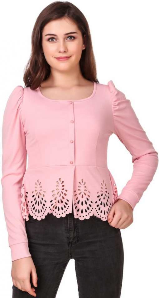 Solid Women Pink Top with Casual Full Sleeve