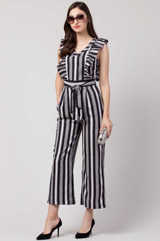 Striped Women Black & White Jumpsuit