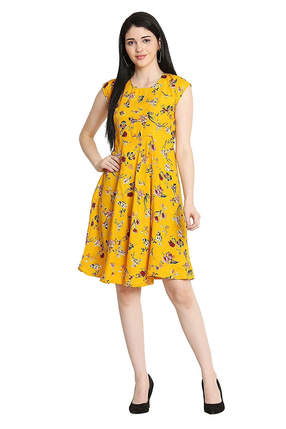 Crepe Floral Printed Midi Dress (Yellow)