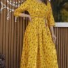Women Rayon Gown Printed Yellow Kurti