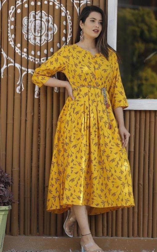 Women Rayon Gown Printed Yellow Kurti