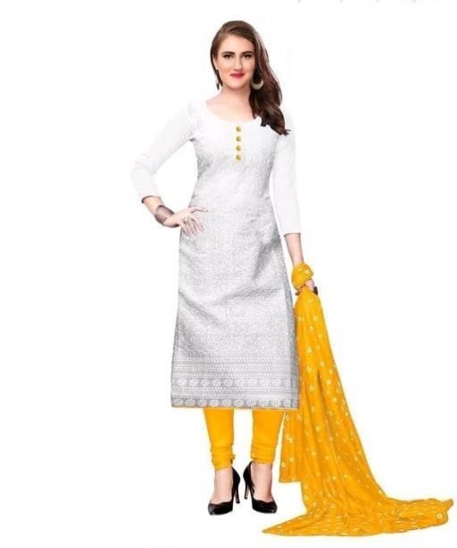 Cotton A-Line Embroidery Yellow Kurti Set With Duptta