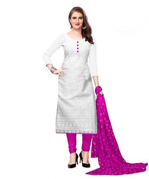 Cotton A-Line Embroidery Pink Kurti Set With Duptta