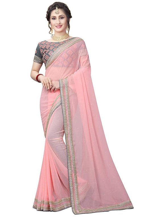 Women's Faux Georgette Pink Saree with Blouse
