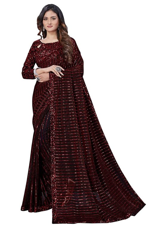Women's Sequins Net Fancy Saree With Blouse Piece