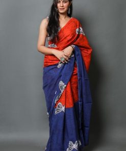 Mulmul Cotton Red and Blue Saree