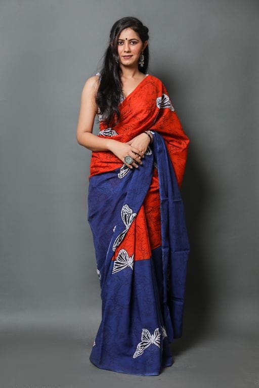 Mulmul Cotton Red and Blue Saree